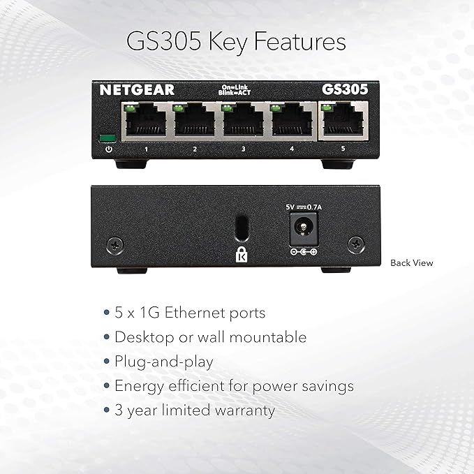 NETGEAR 5-Port Gigabit Ethernet Unmanaged Essentials Switch (GS305) - Home Network Hub, Office Ethernet Splitter, Plug-and-Play, Silent Operation, Desktop or Wall Mount