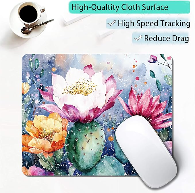 Cute Cactus Flower Plants Custom Mouse Pad with Non-Slip Rubber, Small Square Design for Wireless Laptop & Computer Mouse Pads for Desk, 9.5 x 7.9 inch Smooth Surface for Gaming & Office