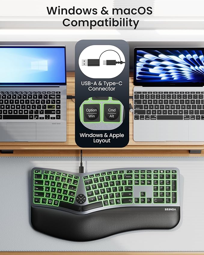 seenda 7-Color Backlit Wired Ergonomic Keyboard, KUW01 USB & Type-C Wired Split Keyboard, Cushioned Wrist Rest, Full Size with NumPad, Compatible for Windows, macOS, PC, Laptop, MacBook - Black Gray