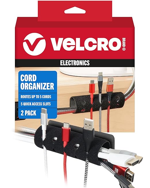 VELCRO Brand Cord Organizer for Desk & Nightstand, 5 Cable Slots with Sleeve Routing, Adhesive Wire Holder for Cord Management, Home, Workshop, Gaming & Office Essentials, Black 2 Pack