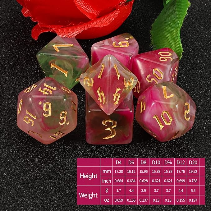 QMAY DND Dice Set -D&D Polyhedral Dice (7 Pcs) for Dungeons and Dragons (Pink Light Green)