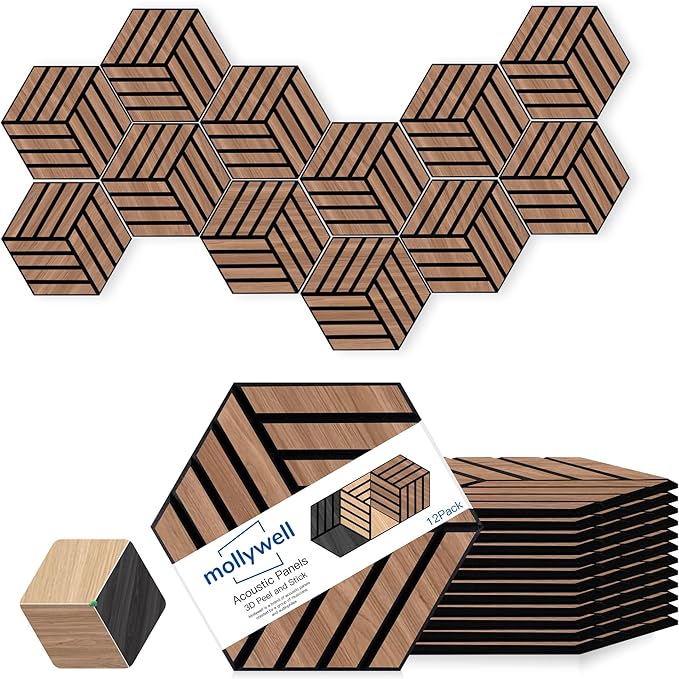 Mollywell Hexagon Acoustic Panels, Walnut TH4, 14x12x0.4 Inch, 12 Pack |Wood Veneer|High Density Sound Proofing Wall Panels|Self Adhesive Sound Dampening Felt Wall Tiles|Home Theater|Gaming Room|
