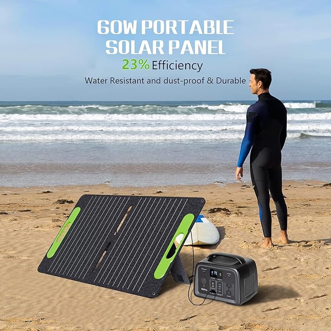 BLUERISE Solar Generator 320Wh Portable LiFePO4 Power Station with Foldable Solar Panels 60W with 2 AC Outlet 110V/300W Solar Mobile Battery Packup for Camping Hunting Home Emergency