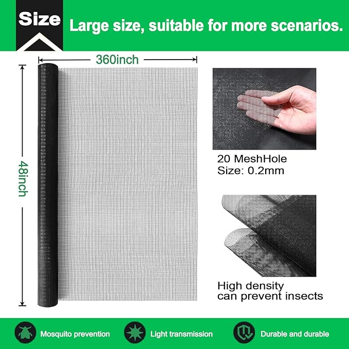 QWR Pet Proof Window Screen and Screen Door Replacement, 48"x 360" Upgraded Durable Thickened Vinyl Coated Wire-Like Mesh for Sliding Screen Door,Patio,Windows(Rolled Package)