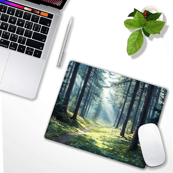 Aesthetic Natural Forest Custom Mouse Pad with Non-Slip Rubber, Small Square Design for Wireless Laptop & Computer Mouse Pads for Desk, 9.5 x 7.9 inch Smooth Surface for Gaming & Office