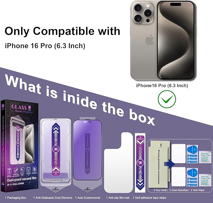 2 Pack Anti Blue Light Matte Screen Protector for iPhone 16 Pro, 9H Tempered Glass, Full Coverage, Anti-Fingerprint, Auto Dust-Elimination, No Bubble, Easy Installation