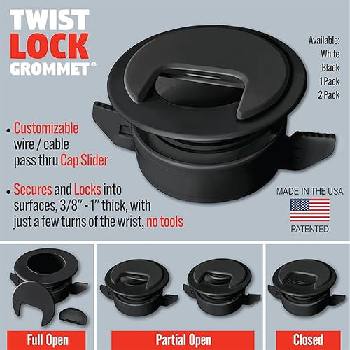 (1-Pack Black) Cable, Wire & Cord Management - Self Locking Grommet with Cover for Walls, Ceilings, Desks, Used for All Surfaces 3/8” to 1” Thick, Made in USA