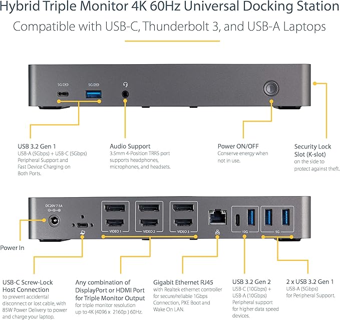StarTech.com USB-C / USB-A Hybrid Docking Station for MacBook Pro / Air M1 M2 M3 M4 & Windows, Universal Triple 4K 60Hz HDMI DP Dock, Thunderbolt Compatible, 85W Laptop Charging - TAA