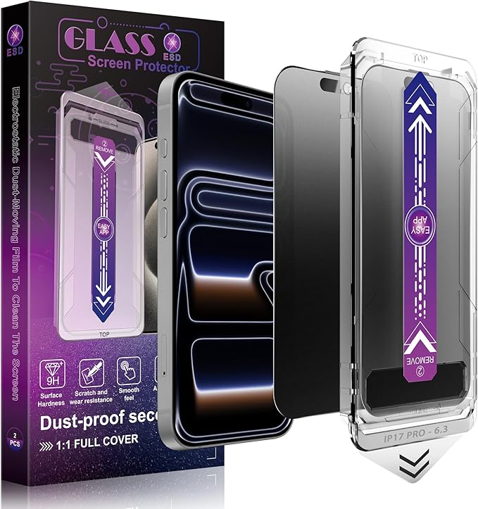 Matte Privacy Screen Protector for iPhone 17 Pro 6.3-Inch, Auto Dust Removal, 9H Anti-Spy Tempered Glass Film, Full Cover, Anti-Fingerprint, Easy Installation, 2 Pack