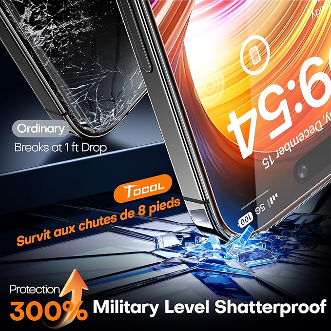 TOCOL for iPhone 16 Screen Protector 9H Hardness Military Grade Shatterproof HD Tempered Glass Full Coverage Easy Installation Case Friendly 2 Pack