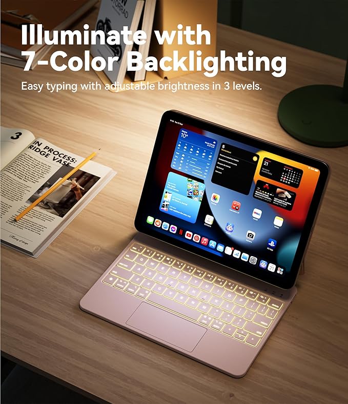 GreenLaw for iPad 11th(A16,2025)/10th(2022) Generation Case with Keyboard, Magic-Style Keyboard Stand, 7 Color Backlit, Stain-Resistant Surface, Multi-Touch Trackpad, Blush Pink