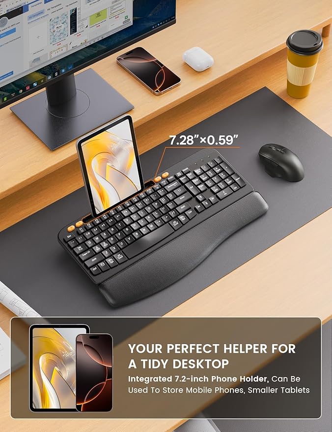 Wireless Keyboard and Mouse Combo, Ergonomic Wave Keys, Cushioned Plam Rest, Rechargeable, Phone Holder, Natural Typing, 2.4G Lag-Free, Full Size Keyboards Cordless Set for Windows/Mac -SABLUTE