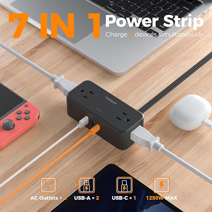 TESSAN Black Extension Cord 5 Ft, Flat Surge Protector Power Strip with 4 Wide Spaced AC Outlets 3 USB Ports (1 USB C), Ultra Thin Flat Plug with 900J Surge Protection, Office Dorm Room Essentials