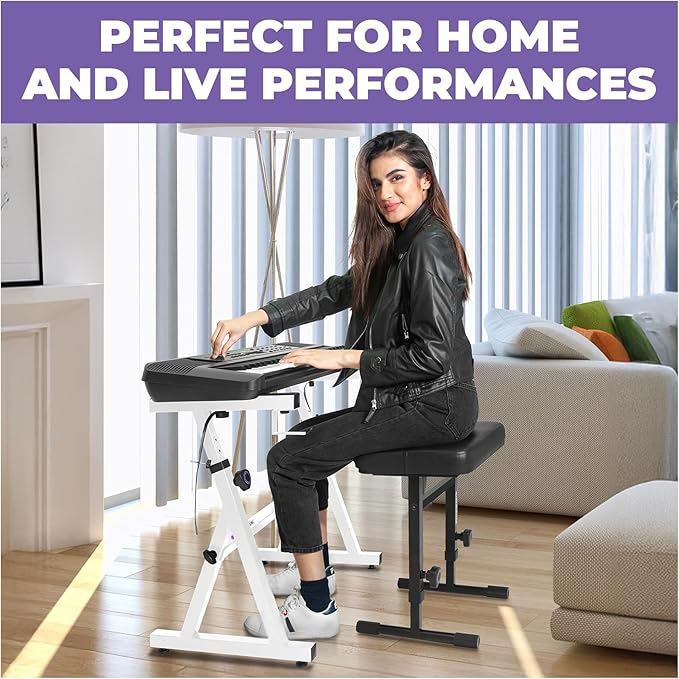 Liquid Stands Portable Heavy Duty Digital Piano Stand & Bench Set - Adjustable Keyboard Music Stand & Seat for 54-88 Key Electric Pianos (White)