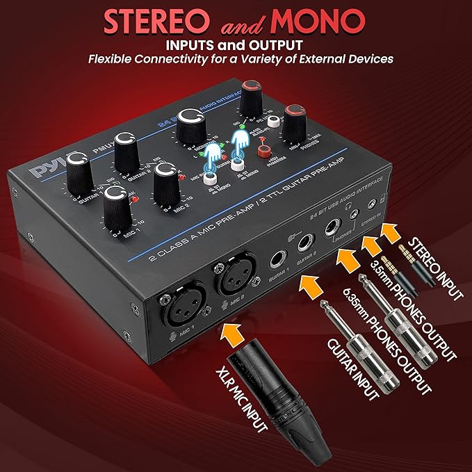 Pyle Professional USB Audio Interface with MIC, Guitar, AUX Stereo Inputs, Phone/Monitor Outputs, Ideal for Computer Playing & Recording, Compact Rugged Metal Housing - PMUX6