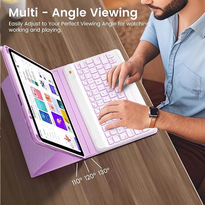 Keyboard Case for iPad Air 5th/4th Pro 11 inch, 7-Color Backlit Detachable Wireless Keyboard Case with Pencil Holder, Stand Folio Cover for Gen 2020/2022, Pro 4th/3rd/2nd/1st Gen, Purple…