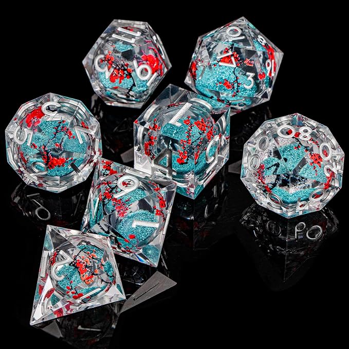 ARUOHHA DND Resin Dice Plum Blossom Liquid Core Dice Silver Blue Sharp Edged Dragons Polyhedral Dice Set with Gift Box, Role Playing Game Dungeons D and D Dice Set D20 D12 D10 D6 D4