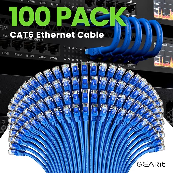 GEARit Cat 6 Ethernet Cable (100-Pack 0.5 Feet) Cat6 Network Patch, 10Gbps, RJ45, Snagless Cord, Gold-Plated Connectors, Internet for PC, TV, Tablet, Router, Printer, Servers, IT Data Center - Blue