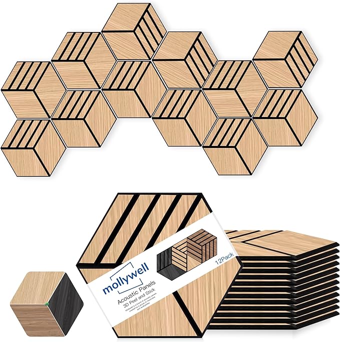 Mollywell Hexagon Acoustic Panels, Natural Oak S4, 14x12x0.4 Inch, 12 Pack |Wood Veneer|High Density Sound Proofing Wall Panels|Self Adhesive Sound Dampening Felt Wall Tiles|Home Theater|Gaming Room|