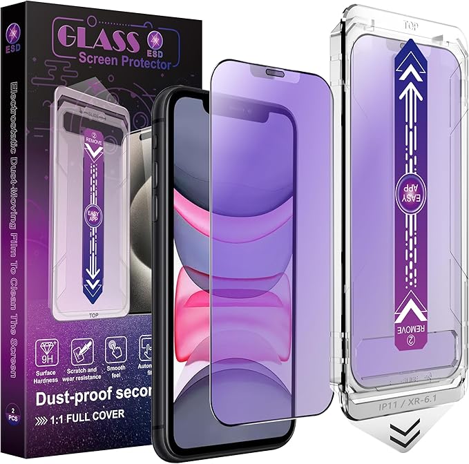 2 Pack Anti Blue Light Matte Screen Protector for iPhone 11 / iPhone XR, 9H Tempered Glass, Full Coverage, Anti-Fingerprint, Auto Dust-Elimination, No Bubble, Easy Installation