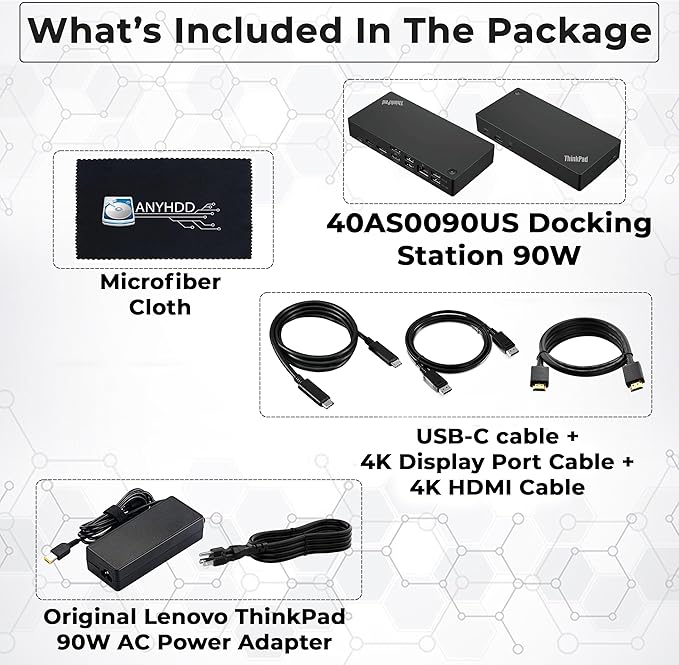 Lenovo 40AS0090USThinkpad Docking Station - Supports 4K Display, 1 Year Warranty, USB C Gen 2 Dock with 90W Adapter + 4K HDMI Cable + USB-C Cable + 4K DisplayPort Cable + Microfiber Cloth (Renewed)