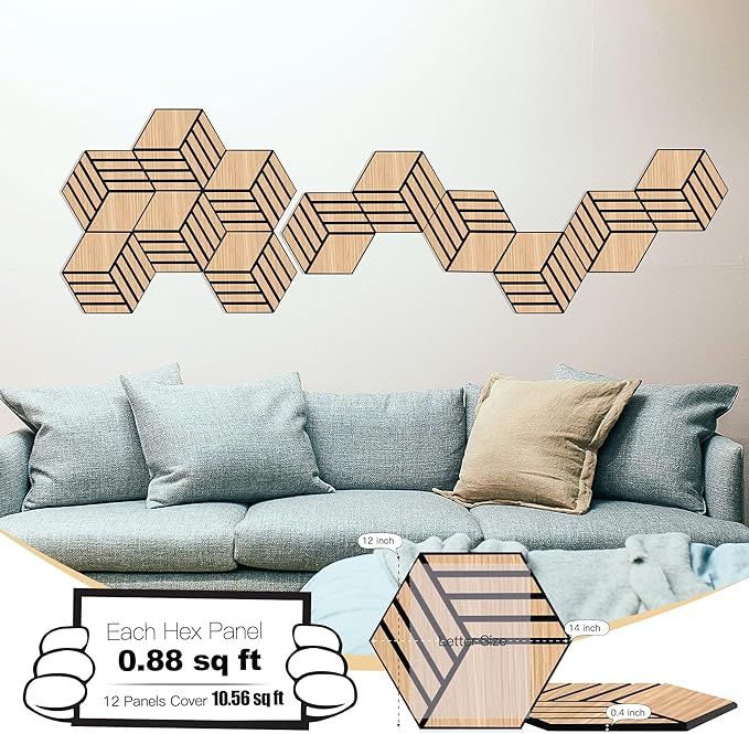 Mollywell Hexagon Acoustic Panels, Natural Oak TW4, 14x12x0.4 Inch, 12 Pack |Wood Veneer|High Density Sound Proofing Wall Panels|Self Adhesive Sound Dampening Felt Wall Tiles|Home Theater|Gaming Room|