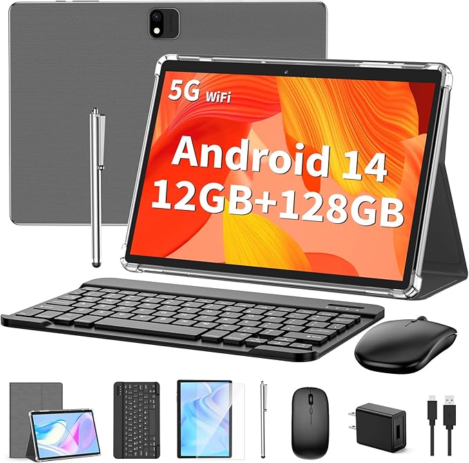 Android Tablet with Keyboard, Android 14 Tablet, 12(6+6) GB+128GB, 1TB Expand, 2 in 1, Mouse, Stylus, 8000mAh Battery, 2.4G/5G WiFi, GPS, Silver Case