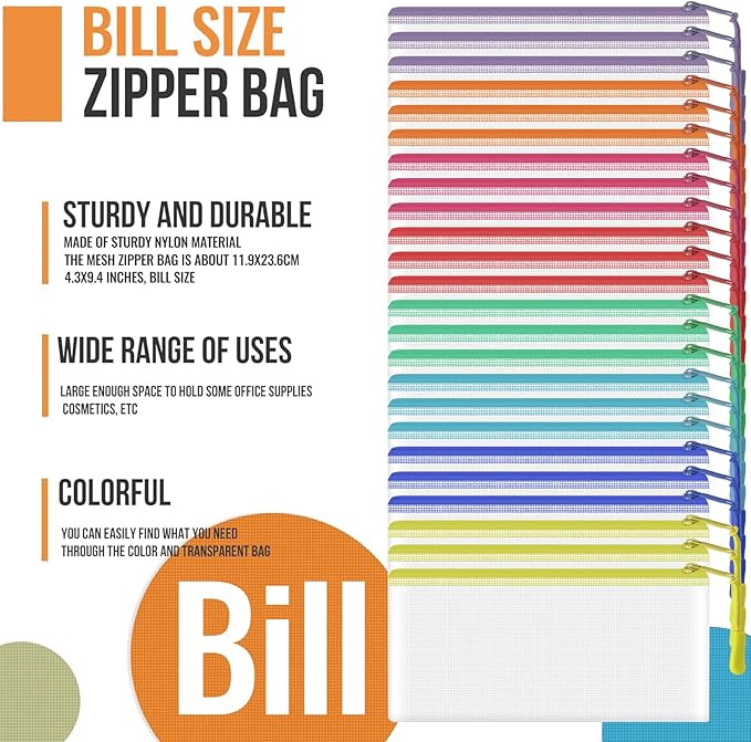 24pcs Mesh Zipper Pouch Bags 9.3 x 4.7 Inches, 8 Color Small Clear Pouches Bulk, Travel Cosmetics Organization, Classroom and Office Supplies