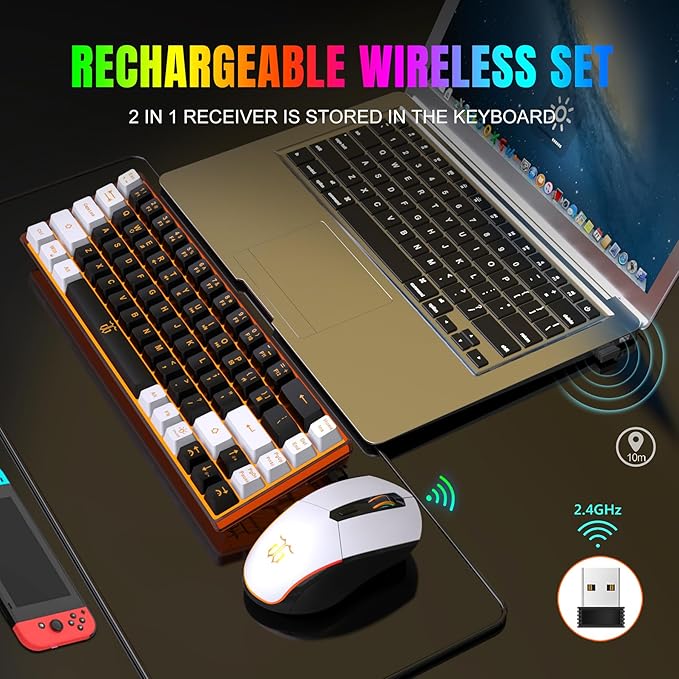 Snpurdiri 60% Wireless Gaming Keyboard and Mouse Combo,Orange Backlit Rechargeable 2000mAh Battery,Mini Mechanical Feel Anti-ghosting Keyboard + Popular RGB Mice for Gaming, Office(Black-White)