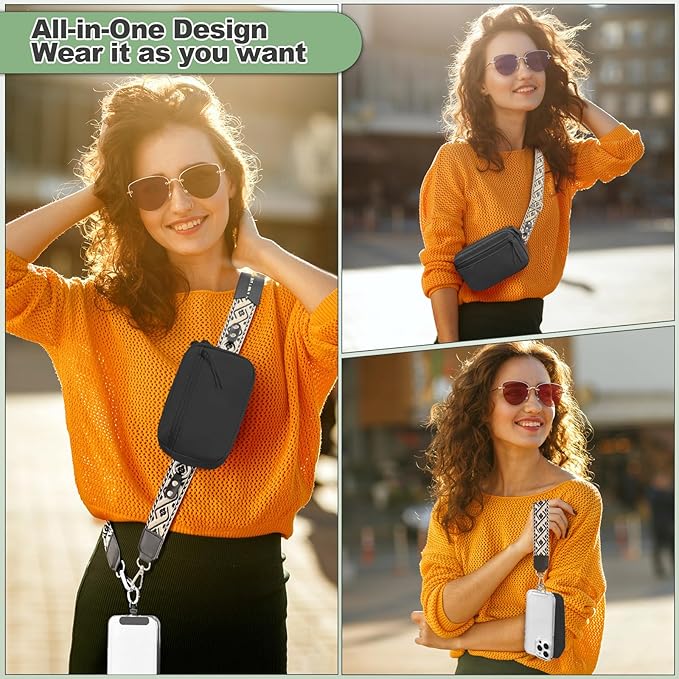 Clip and Go Strap for Phone with Wallet Crossbody, Adjustable Phone Lanyard with Detachable RFID Wristlet Wallet, Pattern Strap, Black (M)