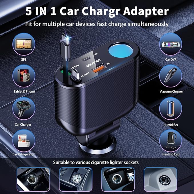 OHLPRO Retractable Car Charger Cigarette Lighter Adapter, 168W 5 in 1 Fast Phone Charging Built-in Replaceable Fuse, Socket Splitter with Dual USB-C Cords, Fit for Phone, iPad, Galaxy, GPS