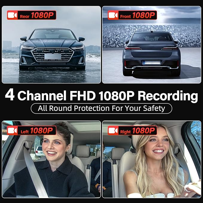 4 Channel Mirror Dash Cam, 360 Dash Camera FHD 1080P Front and Rear 12'' Full Touch Screen, Built-in WiFi, GPS, Parking Monitor, IR Night Vision with Free 128G Card