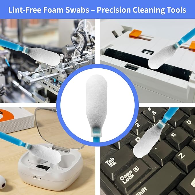 100 Pcs Solvent Resistant Professional Lint Free Swabs, 6.37" Long Handle Foam Swabs for Electronics, Camera Sensors, Printers, Optical Lenses