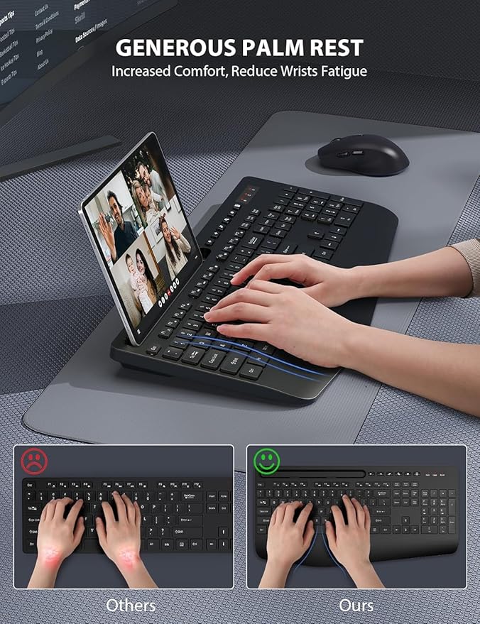 Wireless Keyboard and Mouse Combo - Full-Sized Ergonomic Keyboard with Wrist Rest, Phone Holder, Sleep Mode, Silent 2.4GHz Cordless Keyboard Mouse Combo for Computer, Laptop, PC, Mac, Windows -Trueque