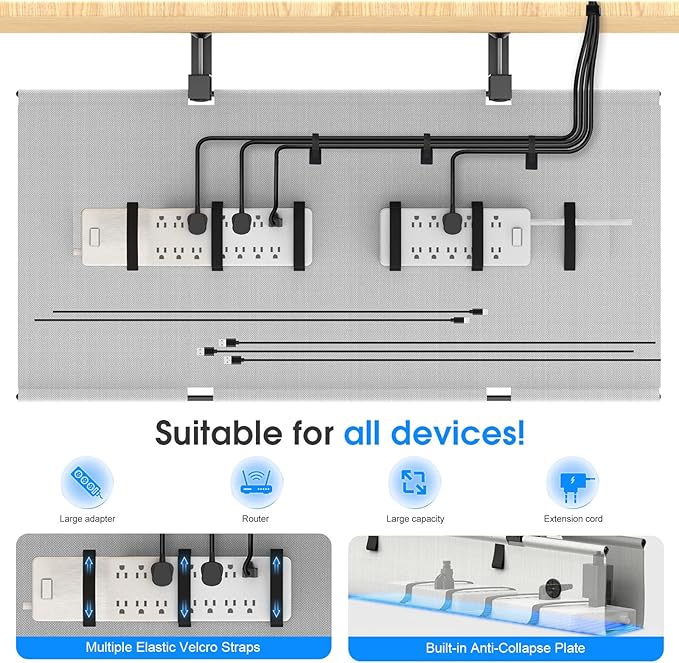 Under Desk Cable Management Tray, 40-inch No-Drill Cord Organizer with Anti-Sag Reinforced Base, Fabric Wire Management Hider for Standing Desk, Office & Gaming Accessories - Grey
