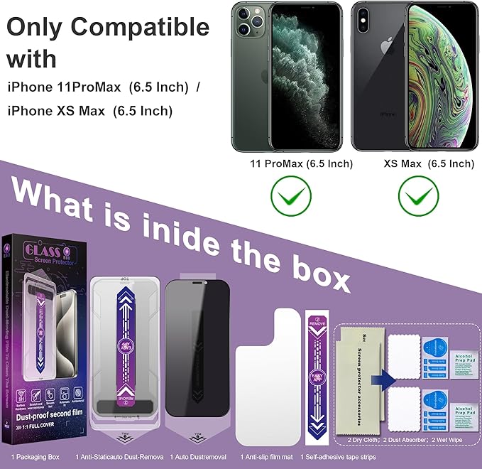 2 Pack Privacy Screen Protector for iPhone 11 Pro Max/iPhon XS Max, 9H Tempered Glass, Full Coverage, Anti-Fingerprint, Auto Dust-Elimination, No Bubble, Easy Installation