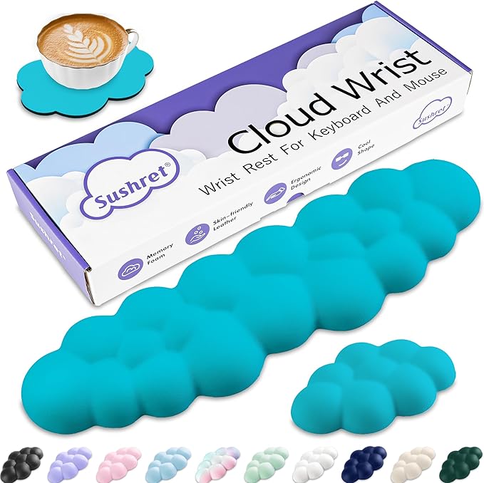 Cloud Wrist Rest Keyboard, Cloud Keyboard Wrist Pad Set with PU Leather Memory Foam, Cute Arm Rest for Palm Support, PC/Gaming Desk Accessories/Office Setup/Computer Hand Cushion - Scuba Blue