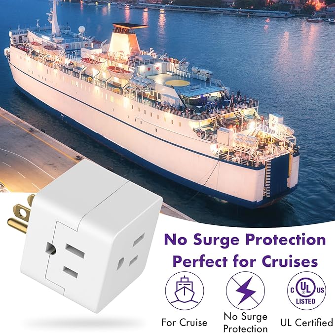 POWERCORDS 3 Power Blocks Outlet Splitter, 3 Pack, Grounded Wall Tap, 3-Prong Plug Adapter AC Multi Plug Wall Outlet, Power Splitter, Cruise Essentials, for Home Office School Dorm, UL Listed, White