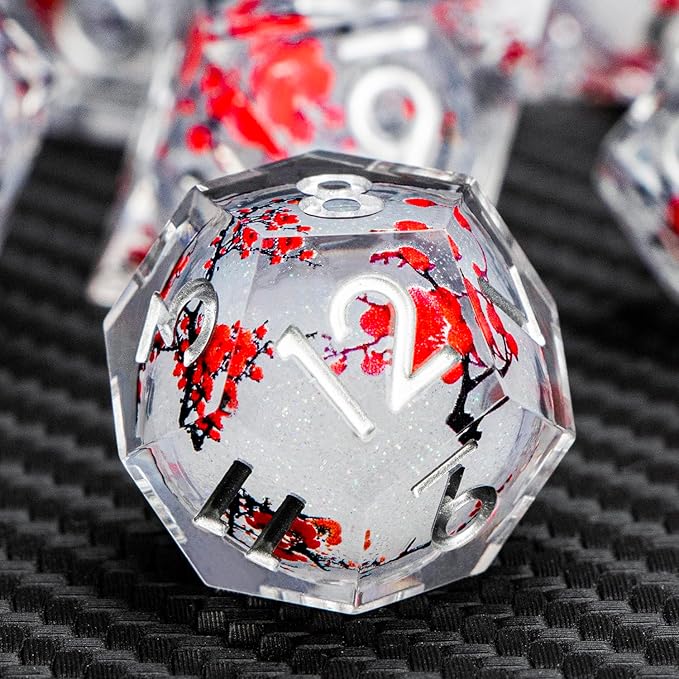 ARUOHHA DND Resin Dice Plum Blossom Liquid Core White Sharp Edge Dragons Polyhedral Dice Set with Gift Box, Compatible with D&D Role Playing Game Dungeons D and D Dice Set D20 D12 D10 D6