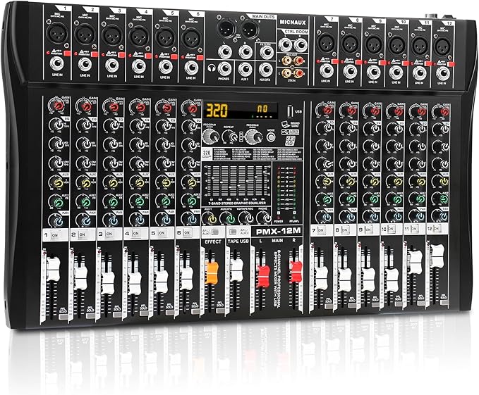 Audio Mixer 12 Channel Professional Mixer Console with 320 DSP Effects, 7-band EQ Sound Mixing Board Digital DJ Mixer w/USB Bluetooth MP3 for Recording, Independent 48V Power & Mute Button
