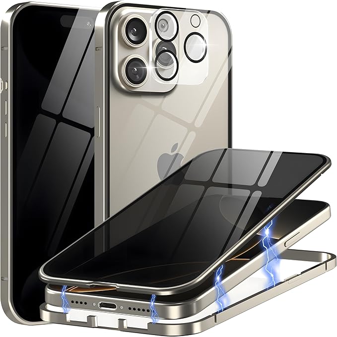 Privacy Magnetic Case for iPhone 16 Plus with Metal Titanium Frame Privacy Screen Protector & Camera Lens Protector, Magnetic Adsorption Double Sided Glass Case Anti Peep Anti Spy Phone Cover