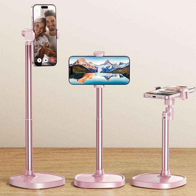 DIMONCOAT Phone Stand for Desk, Angle Height AdjustablePhone Holder for Desk, Aluminum Alloy Universal iPhoneStand Holder, Retractable Cell Phone Stand Recording Office for iPhone 16 15 Pro Max -Pink