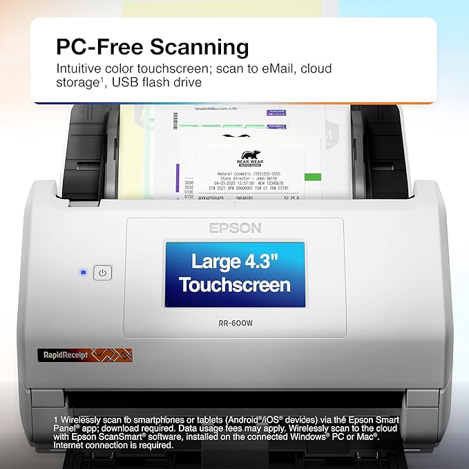 Epson RapidReceipt RR-600W Wireless Desktop Color 2-Sided Receipt & Document Scanner with ScanSmart AI PRO Receipt Management & PDF Software for PC & Mac, Touchscreen & 100-Page Auto Document Feeder