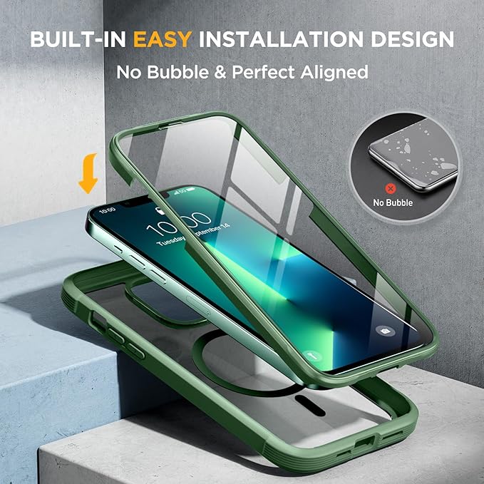 Miracase Magnetic Glass for iPhone 13 Pro Case,Compatible with MagSafe,Full-Body Bumper with Shockproof Military-Grade,Built-in 9H Tempered Glass Screen Protector for iPhone 13 Pro,Acacia Green