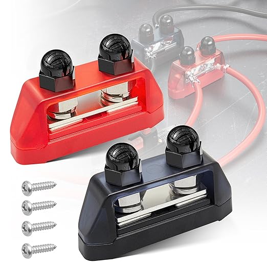 RED WOLF 2PCs 3/8" M10 Small Dual Stud Bus Bar 12-48 V Power Distribution Block Holder 150A DC MAX, Battery Terminal Junction Dual Power Stud Busbar for Car Marine Boat Red & Black Set w/Screws
