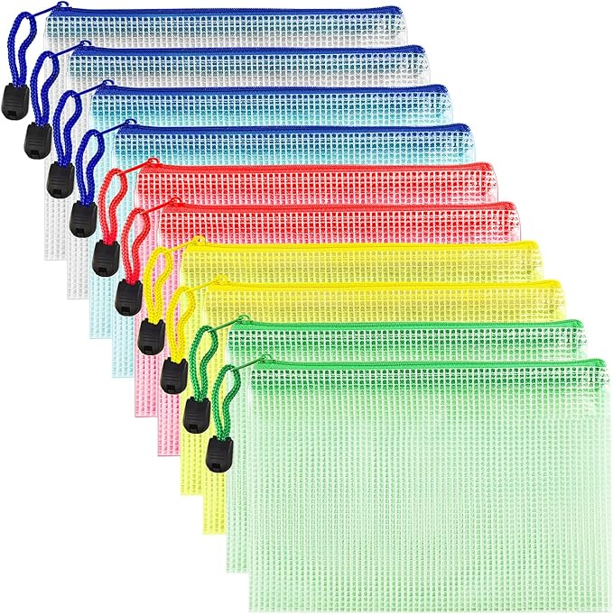 AUSTARK 10 Pcs Zipper File Bags, Waterproof Plastic Mesh Pouch for Office School, Board Game Storage Bags (B6 Size 7.6''x5.3'', Multicolored)