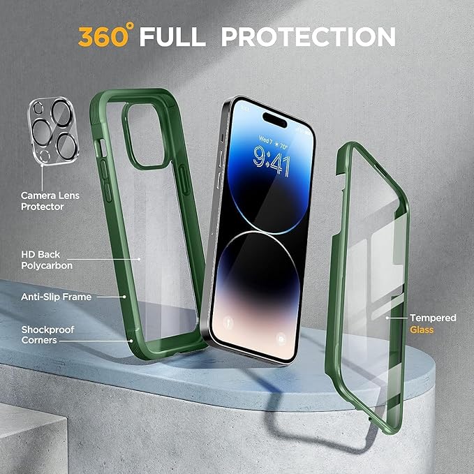 Miracase Glass Series for iPhone 14 Pro Case 6.1 Inch, Full-Body Clear Bumper Case with Built-in 9H Tempered Glass Screen Protector, with Camera Lens Protector, Acacia Green