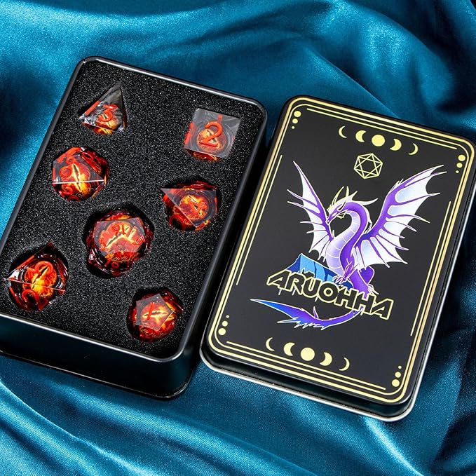 ARUOHHA DND Resin Dice Gazes Eye Dice Liquid Core Red RPG Sharp Edged Dice Set with Gift Box, Polyhedral D and D Dice Set Compatible with Dungeons Dragons Role Playing Game D20 D12 D10 D8 D6 D4