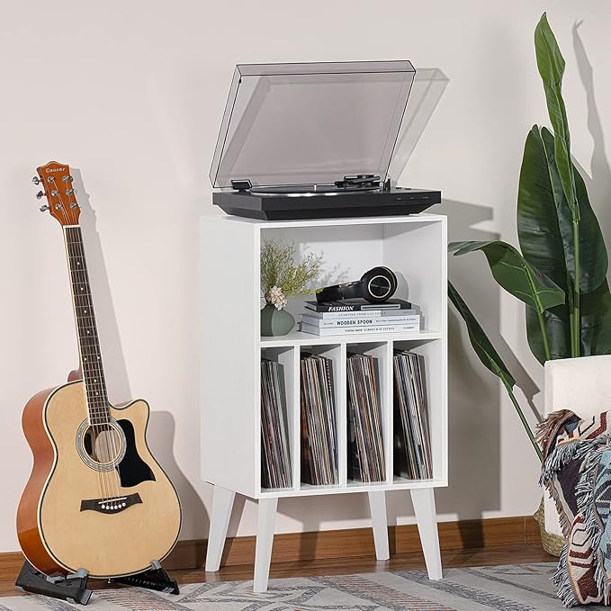 Lerliuo Record Player Stand, White Turntable Stand Holds up to 160 Albums, Mid-Century Vinyl Storage Cabinet Table with Solid Wood Legs, Record Player Holder Dispaly Shelf for Bedroom Living Room