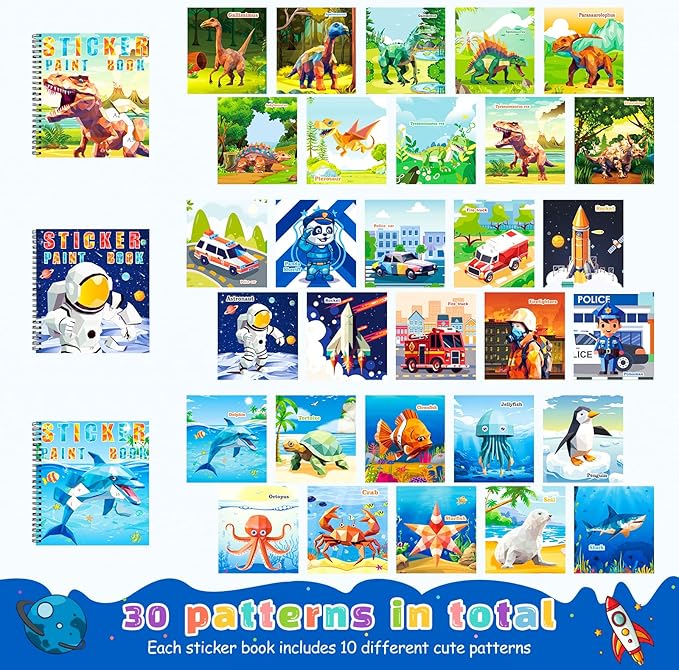 homicozy 4PCS Sticker Paint Books for Kids Ages 4-10,Dinosaur Astronaut Ocean Animals Designs Paint by Stickers,Sticker by Numbers,Party Birthday Gifts for Boys 4-10,Create 40 Pictures at a Time
